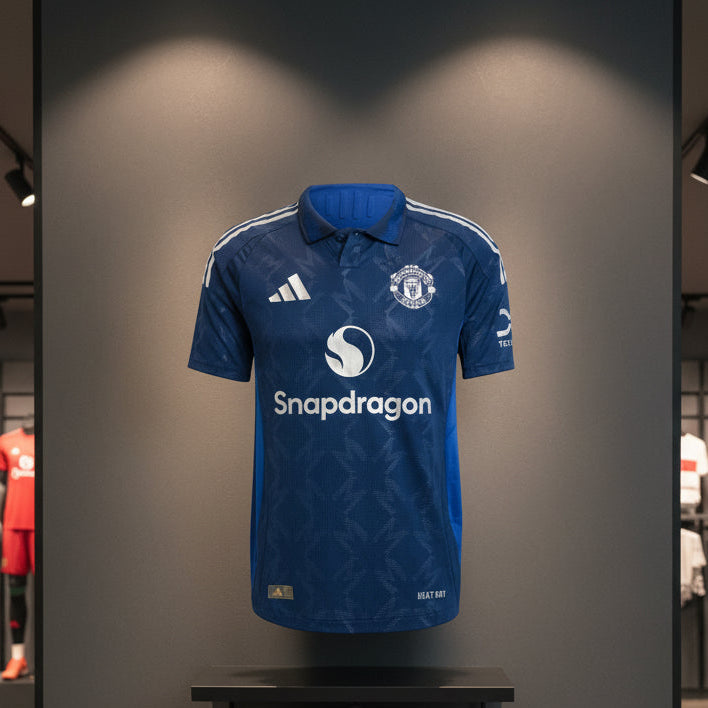 Blue sports jersey with branding on a white background