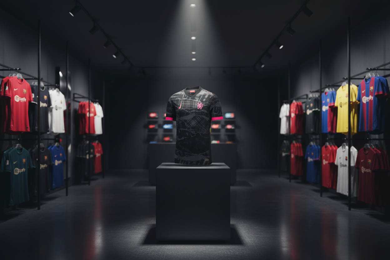 Barcelona black pink jersey on pedestal