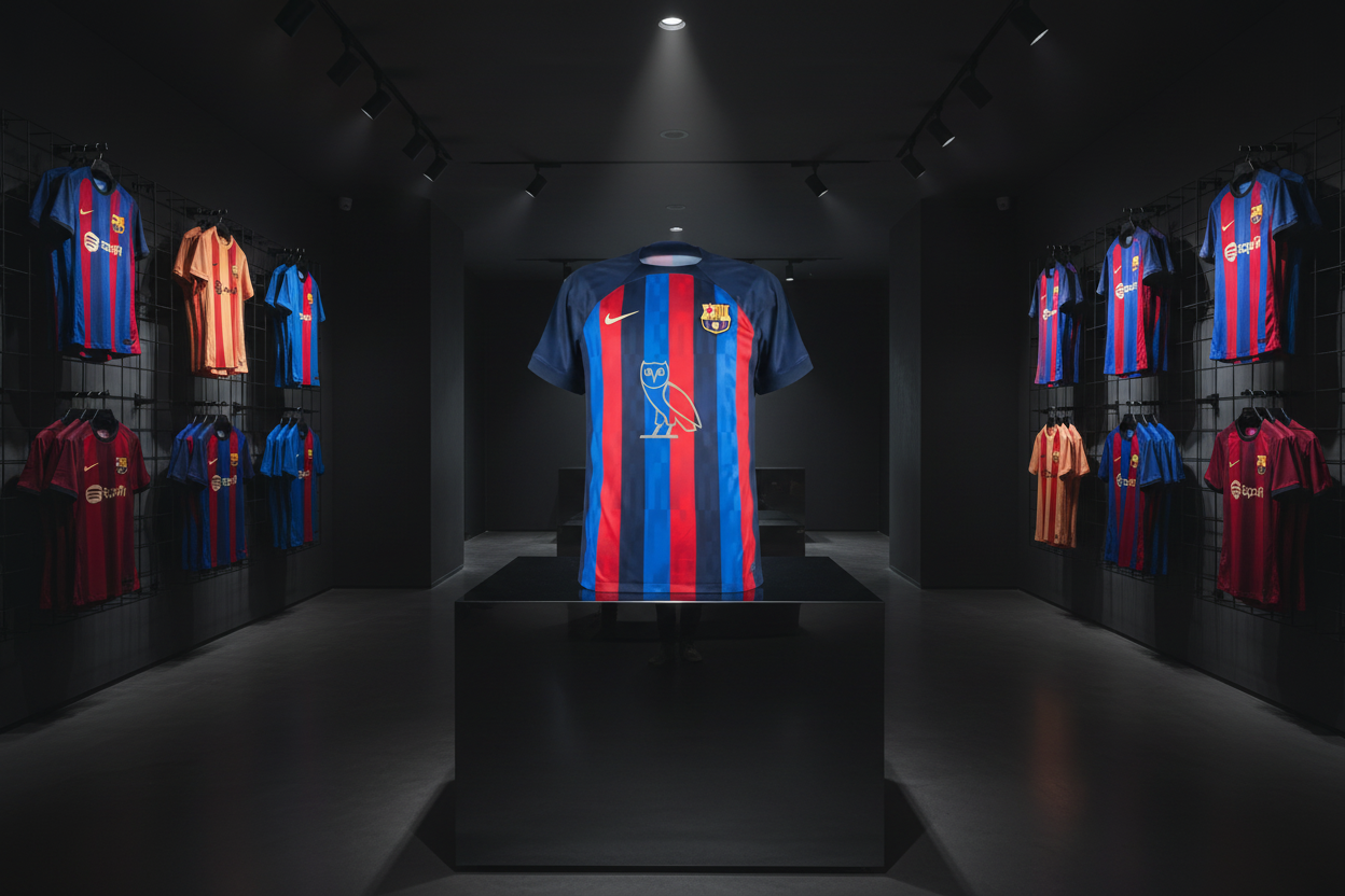 Barcelona OVO jersey on pedestal display