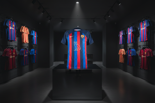 Barcelona OVO jersey on pedestal display