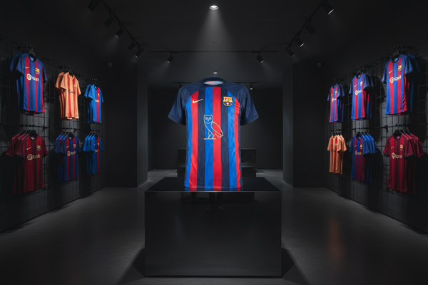 Barcelona OVO jersey on pedestal display