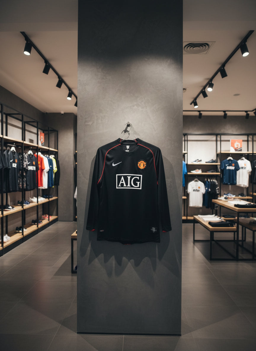 Manchester United jersey with AIG logo in a store setting