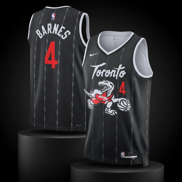 Scottie Barnes #4 Toronto Raptors black pinstripe jersey displayed on premium dark pedestal