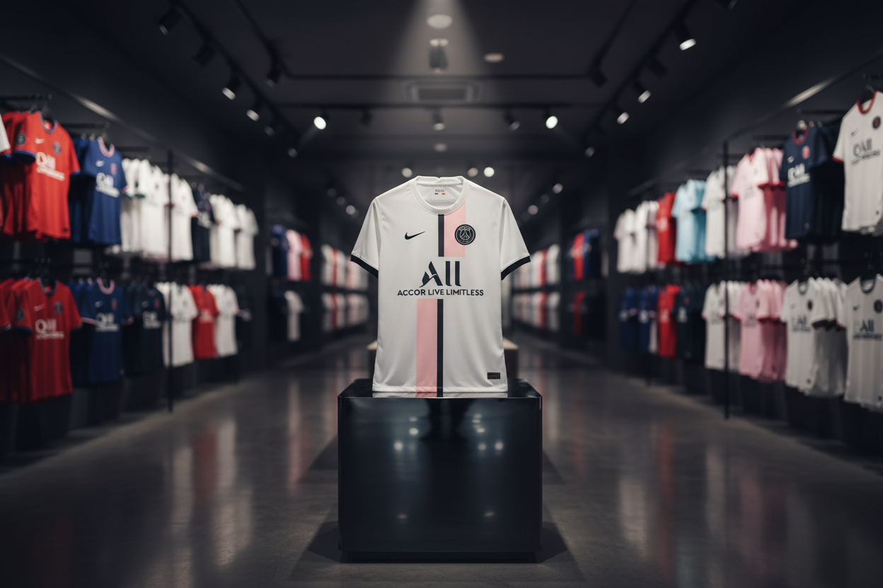 PSG white pink jersey on pedestal display