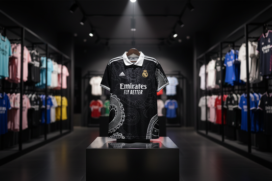 Real Madrid dragon jersey on pedestal display
