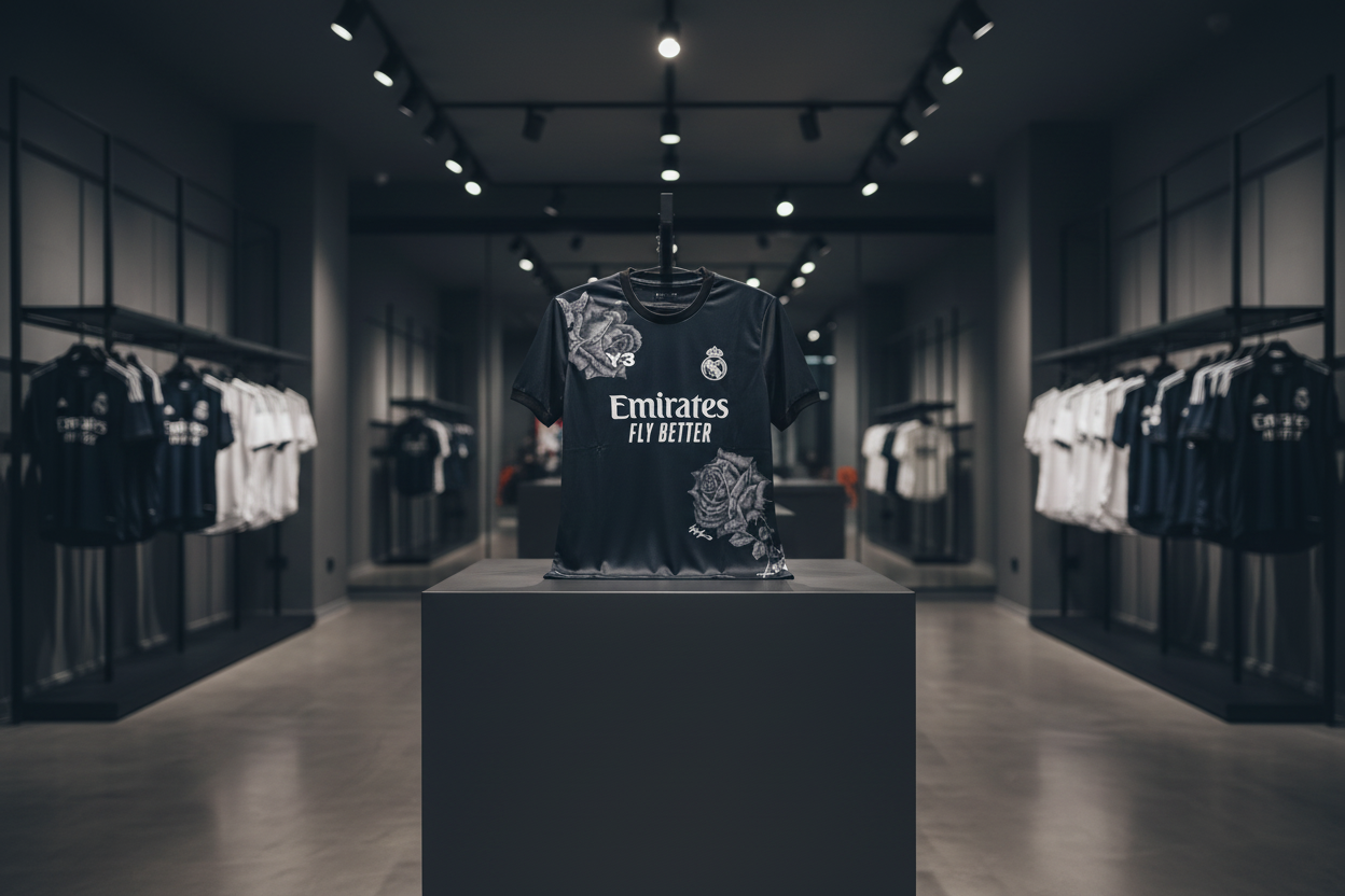 Real Madrid Y-3 jersey with roses on pedestal display