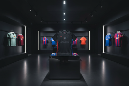 Travis x Barca away kit on pedestal display