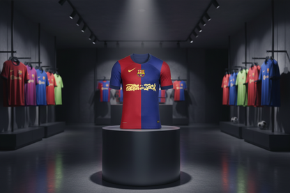 Travis x Barca jersey on pedestal display