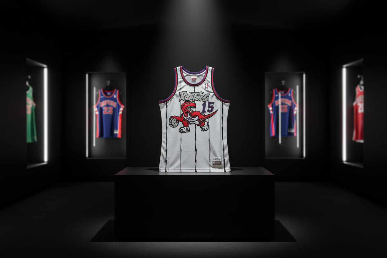 Vince Carter White Raptors Jersey Close-up Display