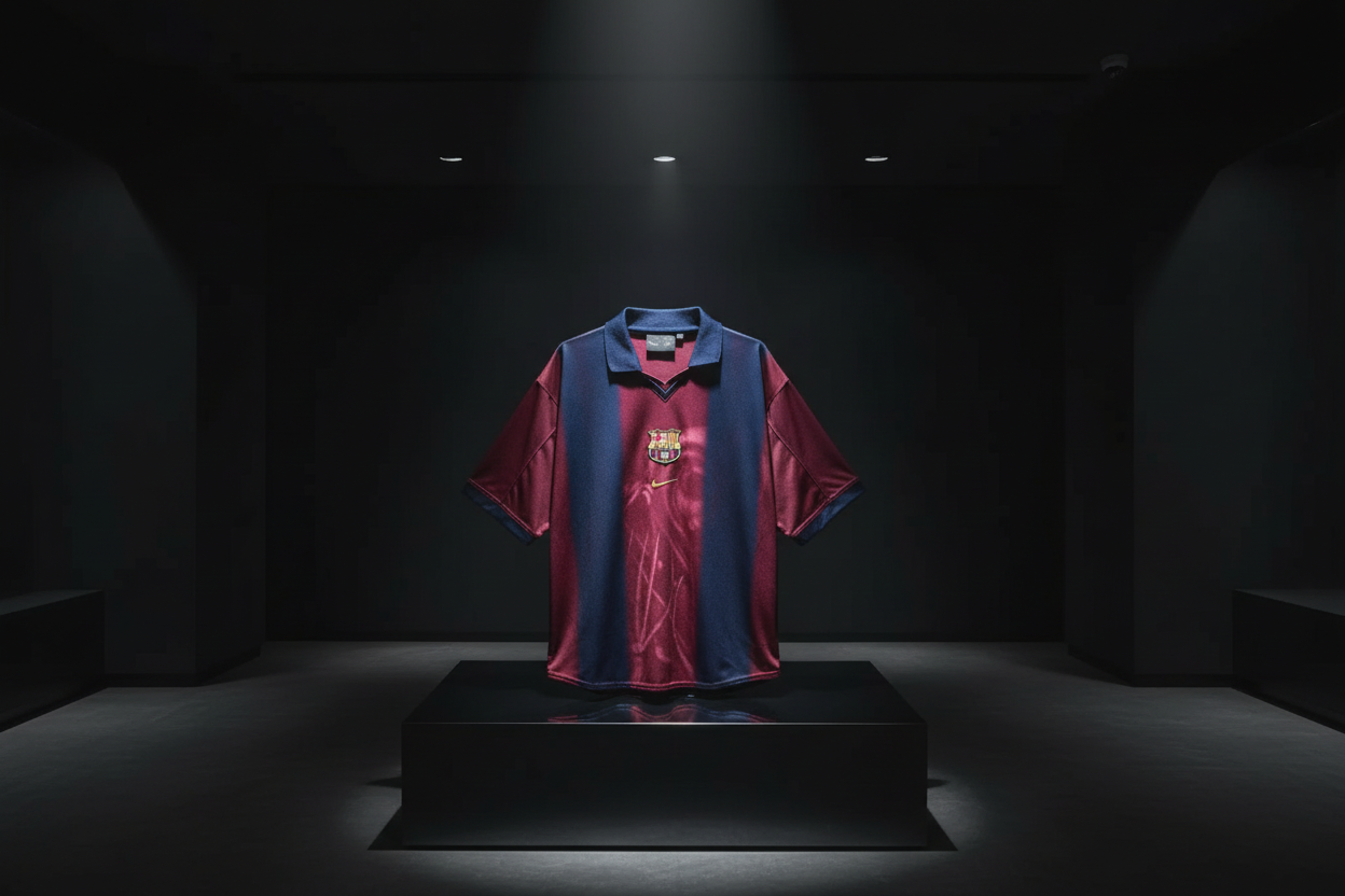 Vintage Barcelona jersey close-up on pedestal